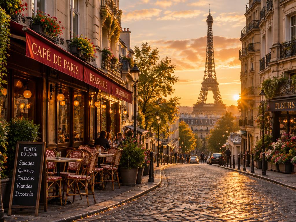 Calle parisina al atardecer con la Torre Eiffel al fondo
