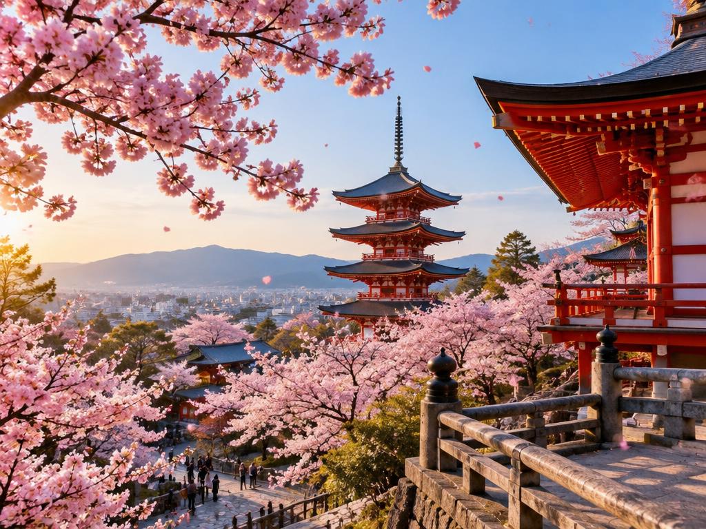 Templo japonés rodeado de cerezos en flor en Kioto